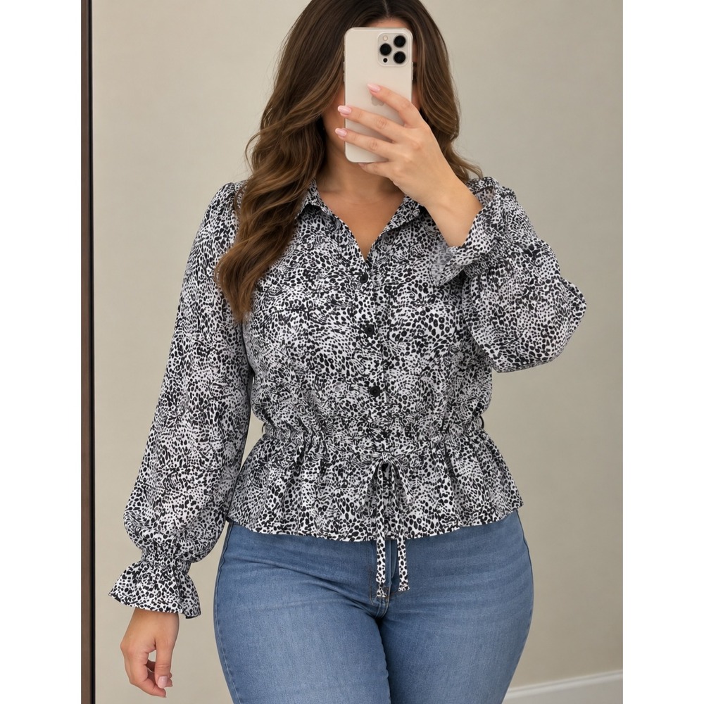 Primark Leopard Print Peplum Blouse Black White Long Sleeve Button Down Size 8